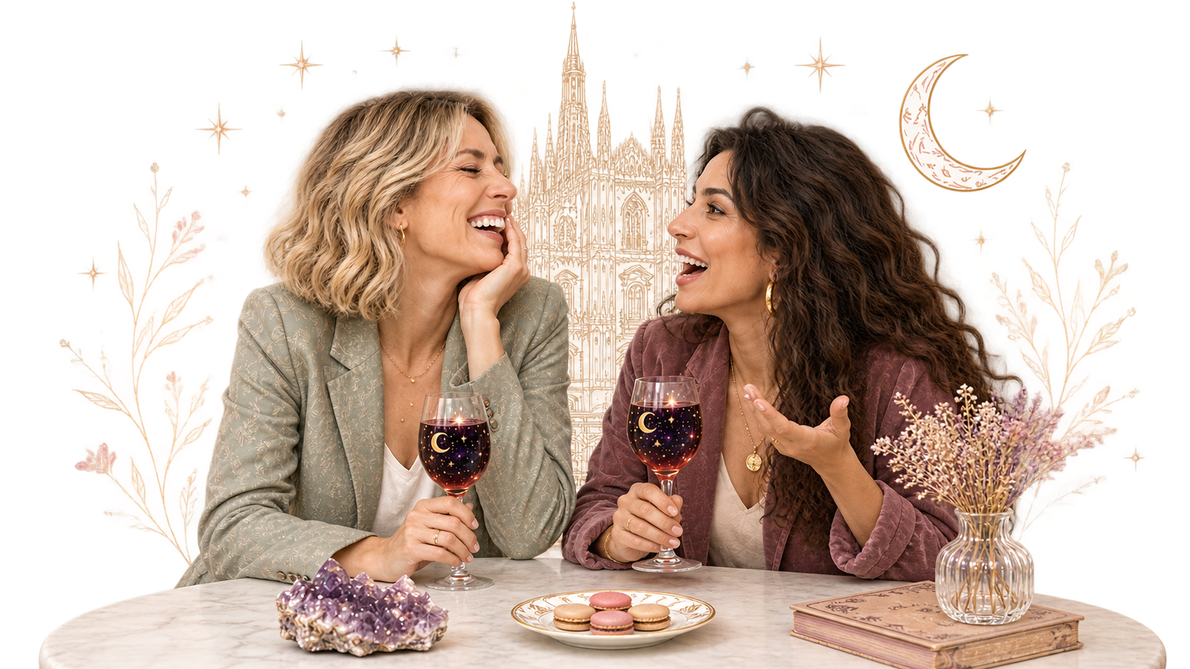 Due donne brindano con calici dai riflessi celesti durante un evento Olisticazzi!